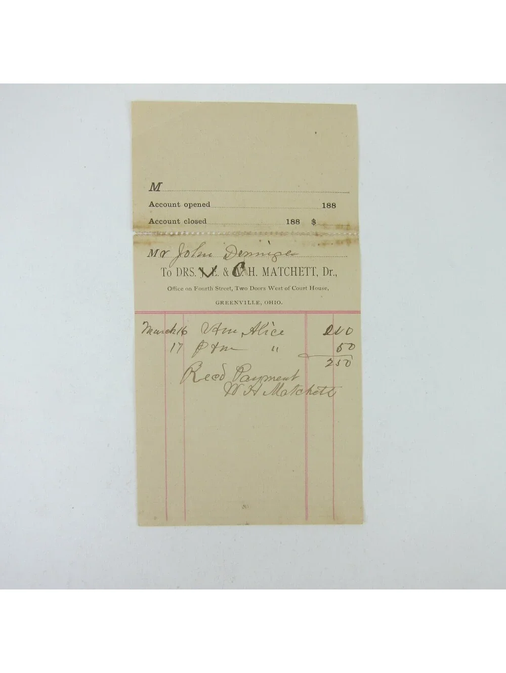 Payment Receipt Dr. W.H. Matchett Greenville Ohio John Dininger Antique 1880s